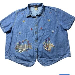 VTG JMS Denim Shirt Womens Plus Sz 22W/24W Tie Back Embroidered Cottage Garden